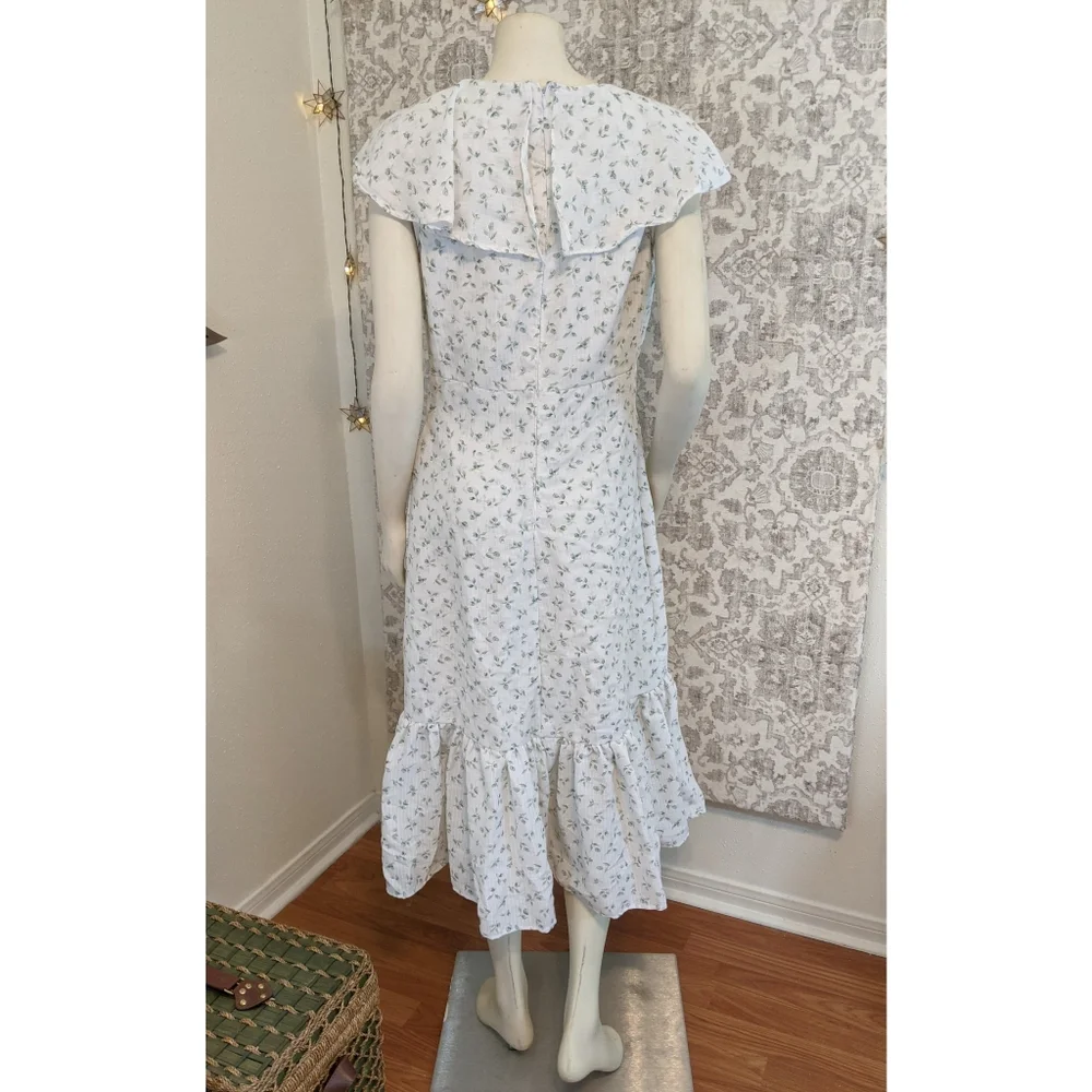 Handmade White Ditsy Floral Ruffle Neck Summer Cotton Midi Dress - Picture 4 of 8